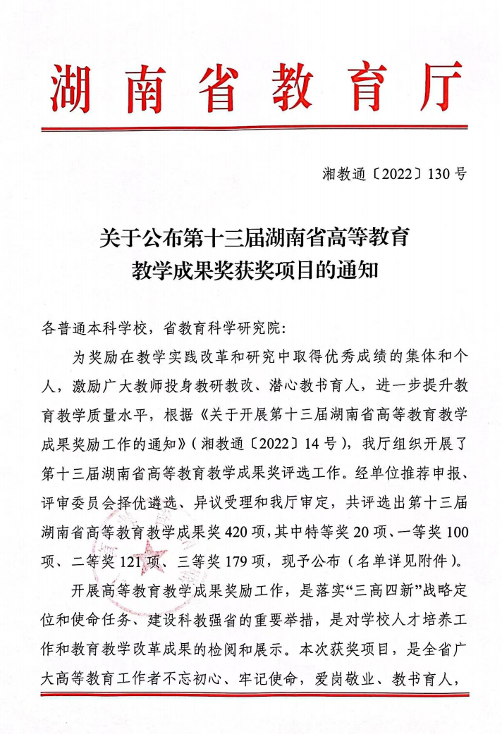 湖南涉外经济学院唐健雄教授领衔教学成果荣获湖南省高等教育教学成果二等奖